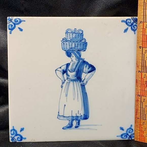 Vintage Harlingen Holland Delft Tile: Woman with Baskets on Her Head - Picture 2 of 5
